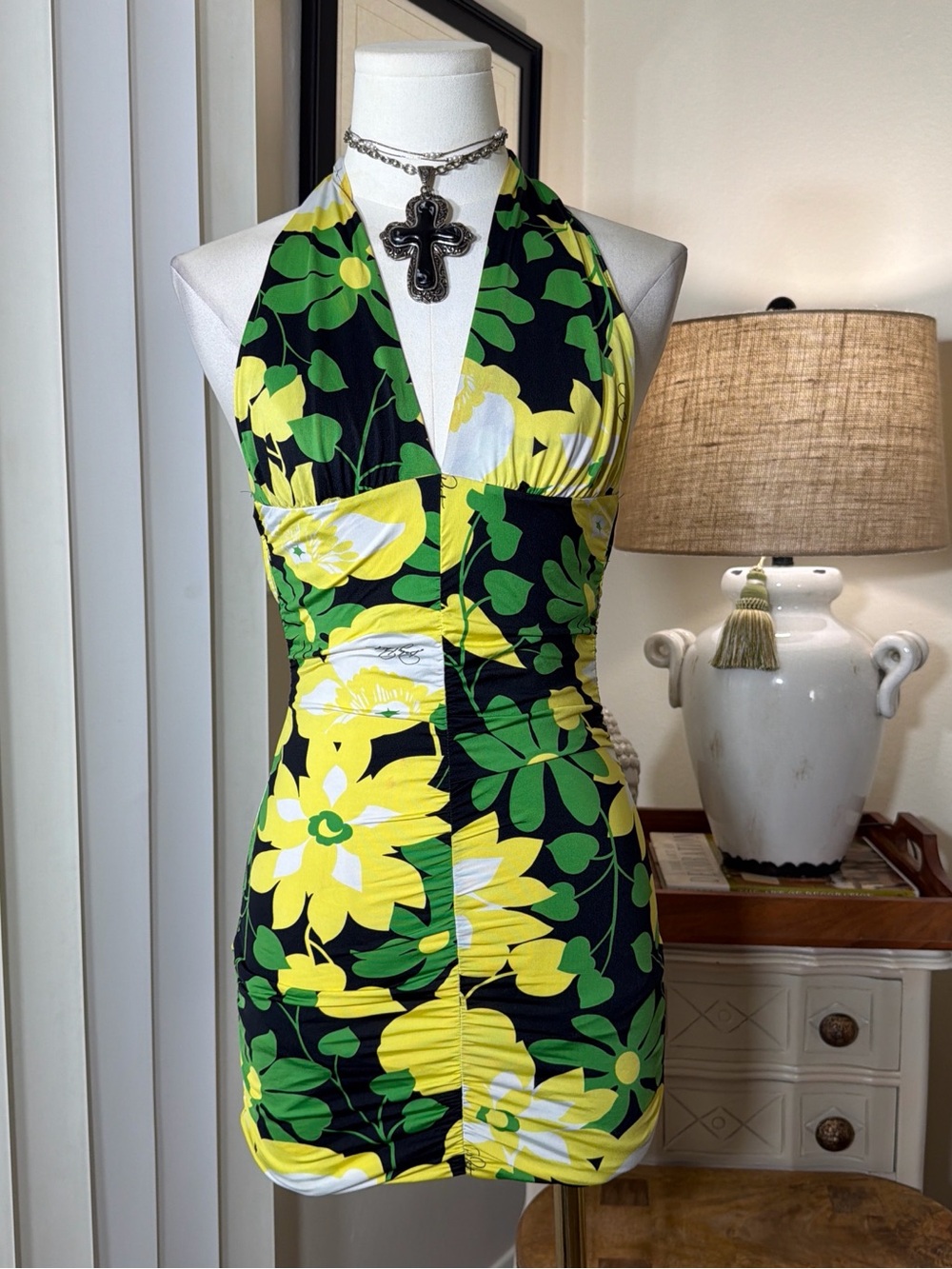 Baby Phat Black, Yellow & Green Floral Halter Mini Dress